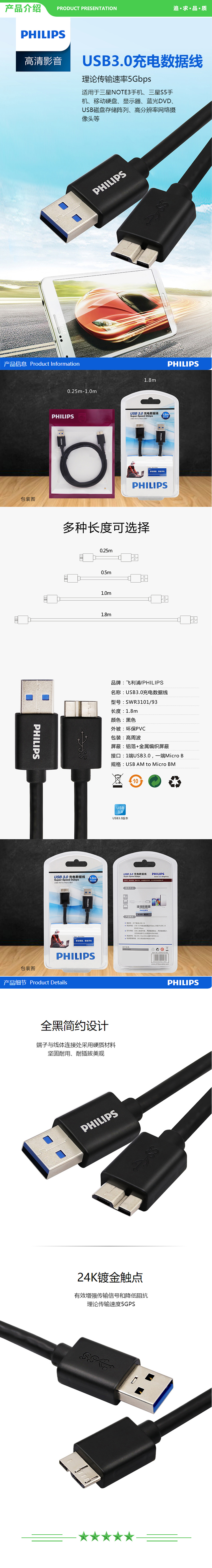 飞利浦 PHILIPS SWR3101 USB3.0数据线 5Gbps黑色 移动硬盘盒连接线 1.8米  .jpg