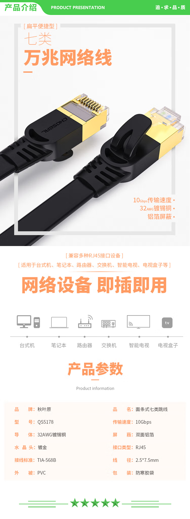 秋叶原 CHOSEAL QS5178A 七类屏蔽网线带镀金水晶头 工程级万兆网络连接线 电脑宽带家用扁平跳线 成品网线 1米 黑色 2.jpg