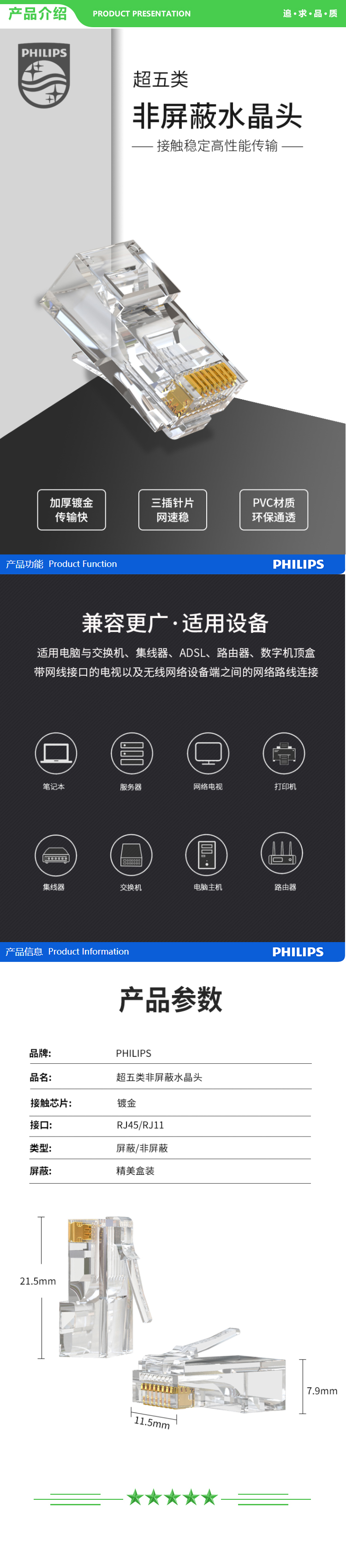 飞利浦 PHILIPS SDJ4101 超五类网线水晶头 5类RJ45工程级8P8C电脑网络接头 Cat5e水晶头100个 盒  .jpg