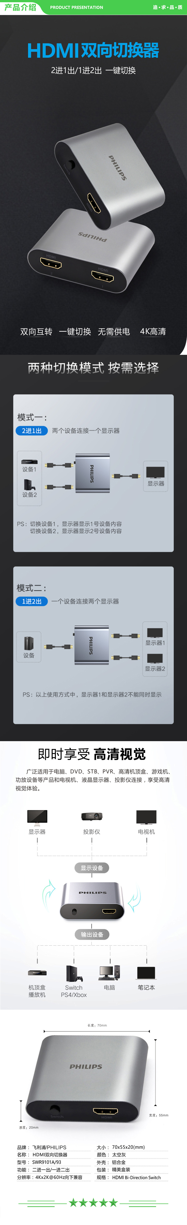 飞利浦 PHILIPS SWR9101A 93 HDMI切换器二进一出 4K高清视频分配器一分二 屏幕双向切换 .jpg