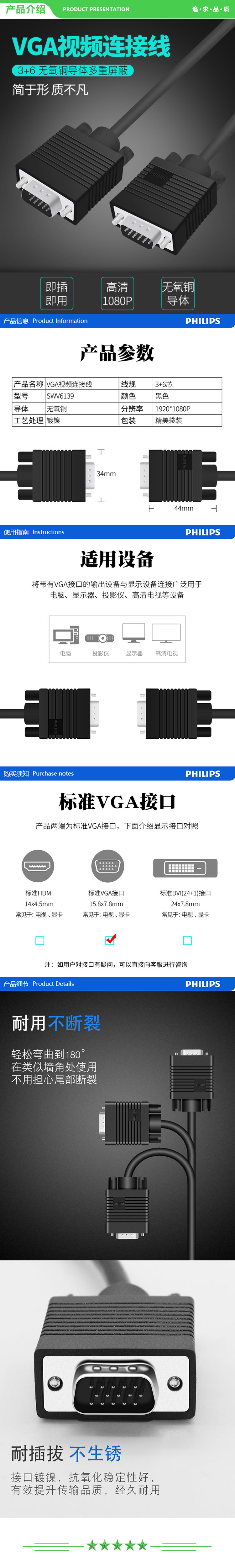 飞利浦 PHILIPS SWV6139D 高清VGA线 vga电脑电视连接线 3+6 纯铜电脑显示器线 3米 .jpg