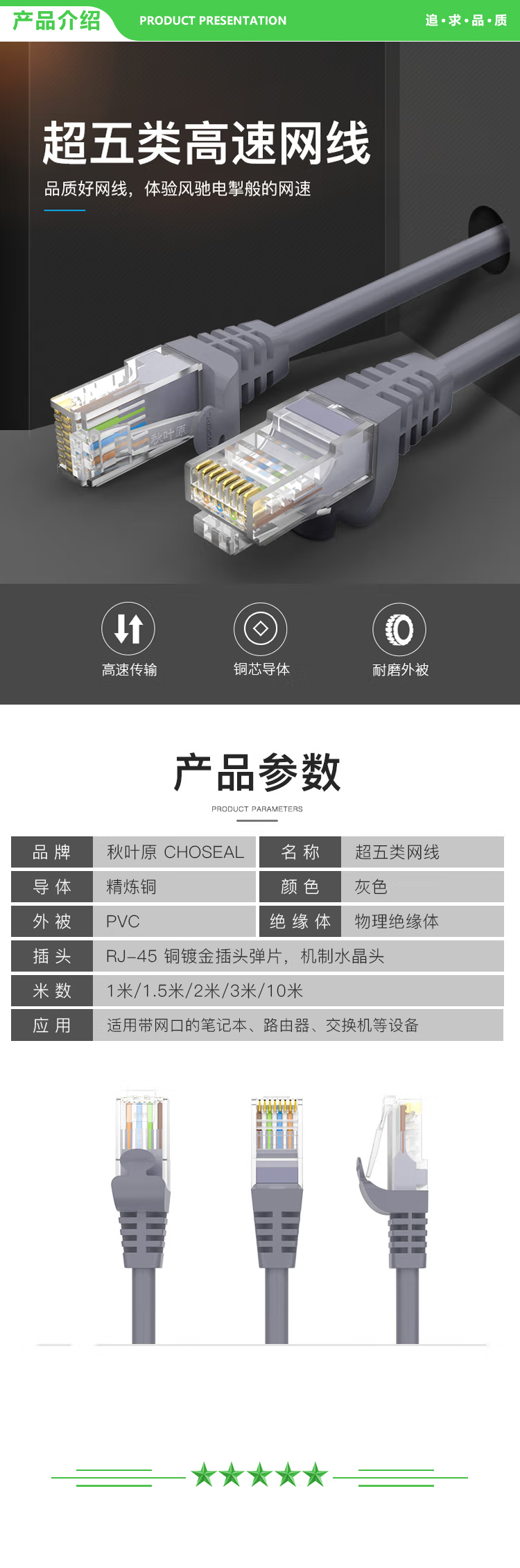 秋叶原 CHOSEAL QS5401AT2 超五类网线 CAT5e类高速百兆网线 家用工程装修电脑宽带连接跳线成品网线 灰色2米 2.jpg