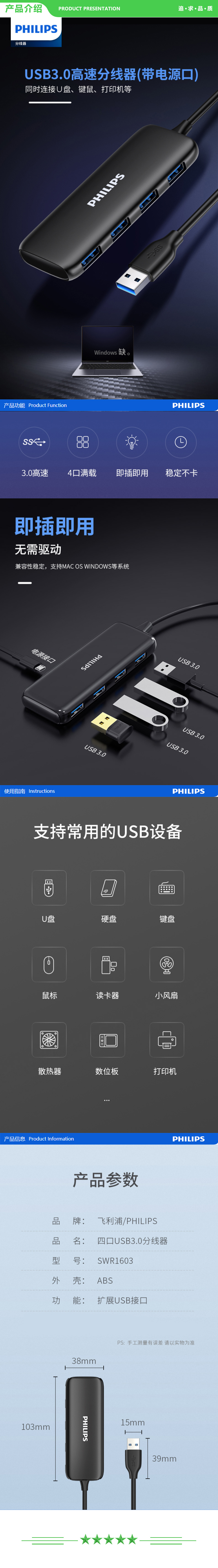 飞利浦 PHILIPS SWR1603 USB分线器3.0高速扩展一拖四多接口集线器延长线  0.5米 .jpg