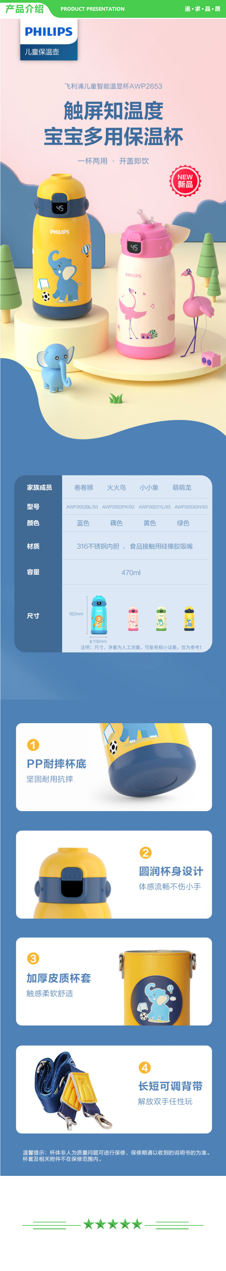 飞利浦 PHILIPS AWP2653BL 保温杯316不锈钢内胆儿童吸管杯带杯套双盖两用温显杯 470ml 蓝色 .jpg