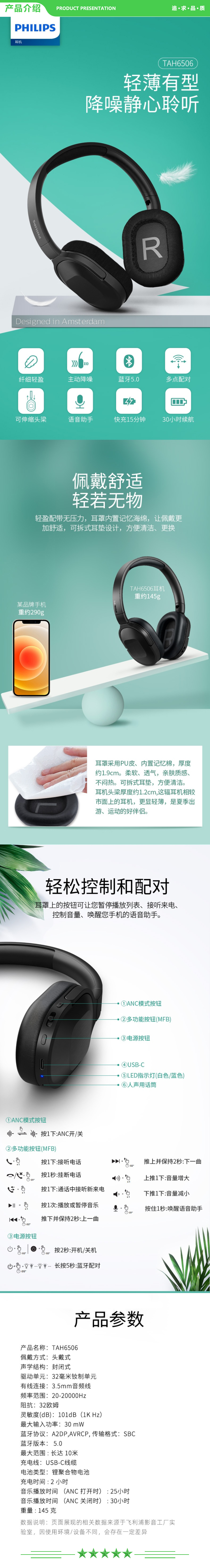 飞利浦 PHILIPS TAH6506 头戴式耳机降噪 纤薄游戏 快充 多点配对 手机通用 黑 .jpg