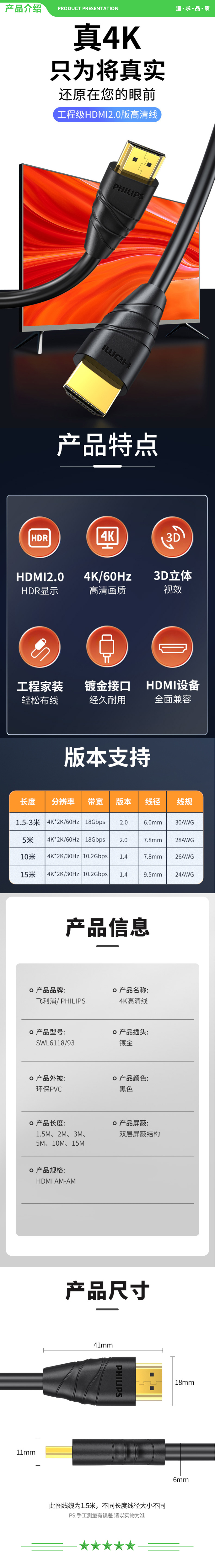 飞利浦 PHILIPS SWL6118 HDMI线2.0版 4K数字高清线 2米 3D视频线工程级 数据线 .jpg