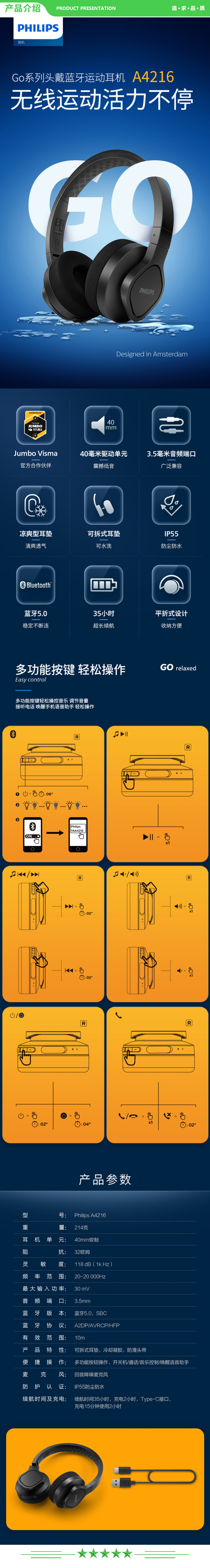 飞利浦 PHILIPS TAA4216 头戴式耳机蓝牙 运动 可水洗耳罩垫手机电脑通用 黑 .jpg