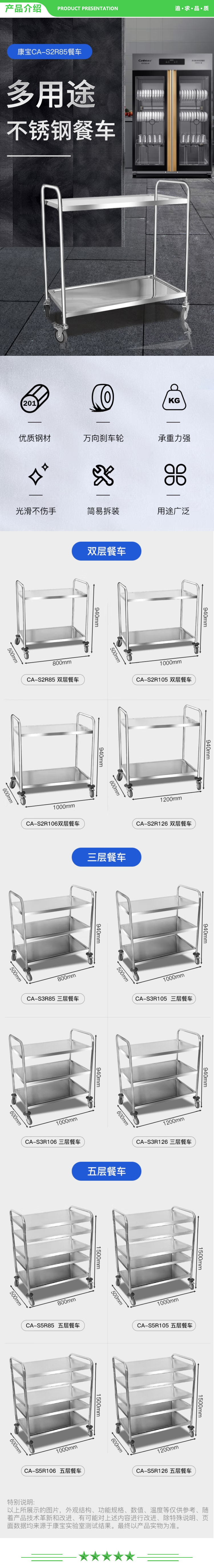 康宝 Canbo CA-S5R105 加厚不锈钢餐车五层 带万向刹车轮 商用后厨食堂餐厅饭店多用途餐车 .jpg