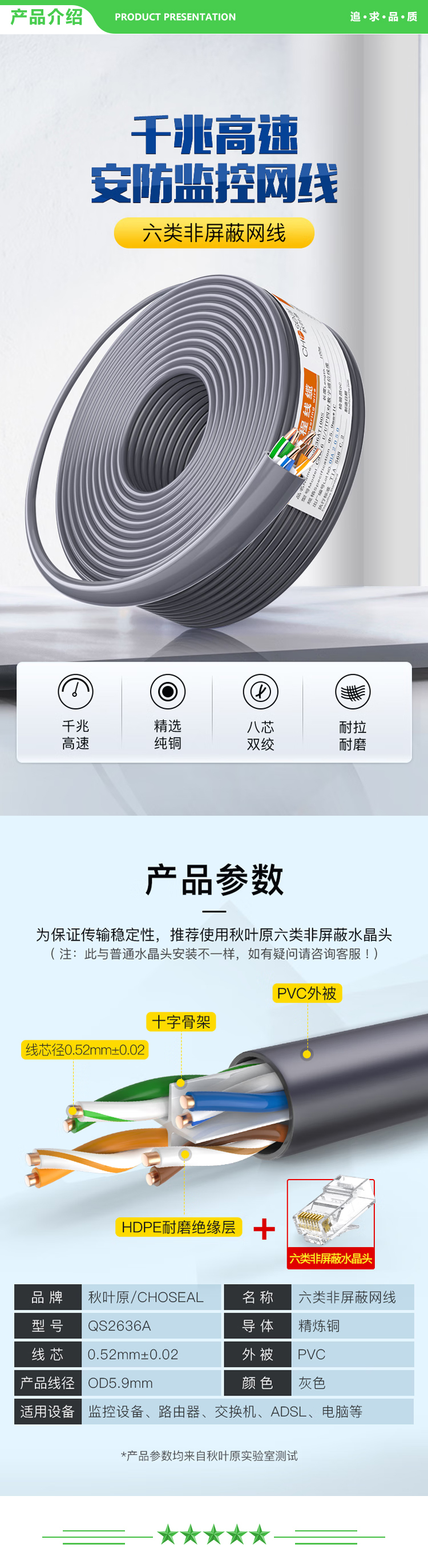 秋叶原 CHOSEAL QS2636AT100S 六类千兆网线 CAT6类纯铜线芯 非屏蔽工程家装修视频安防监控箱线 灰色 100米 2.jpg