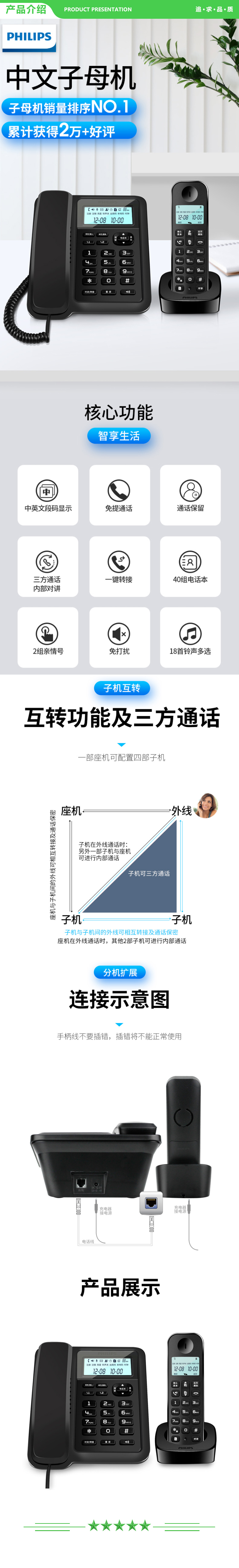 飞利浦 PHILIPS DCTG167（1+1） 数字无绳电话机 无线座机 子母机 信号覆盖广 屏幕白色背光 黑色 .jpg