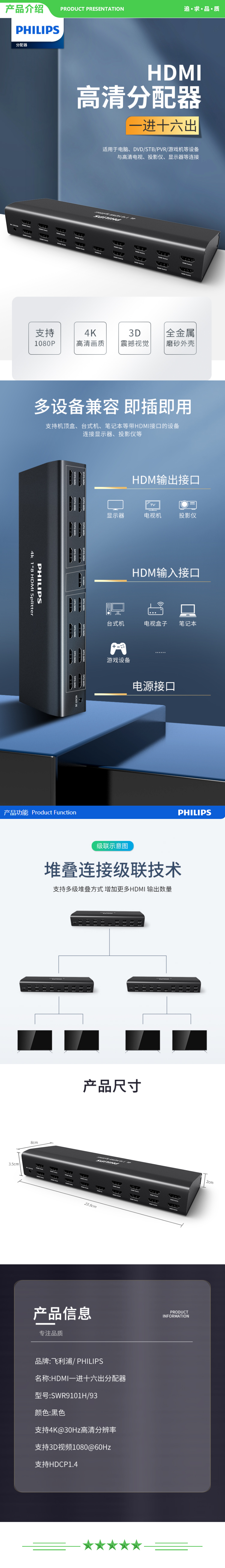 飞利浦 PHILIPS SWR9101H 93 HDMI分配器一分十六 一进十六出4K高清视频分屏器 .jpg