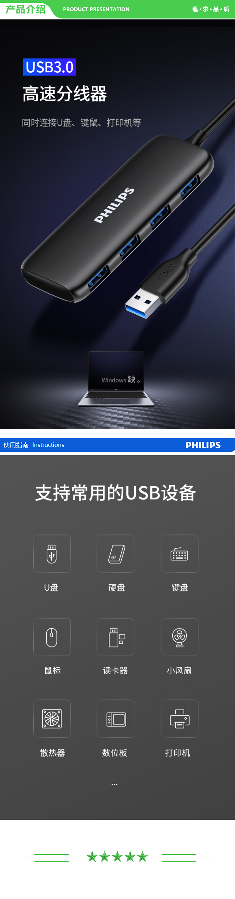 飞利浦 PHILIPS SWR1603 USB分线器3.0高速扩展一拖四多接口 集线器HUB转换器 0.2米 .jpg