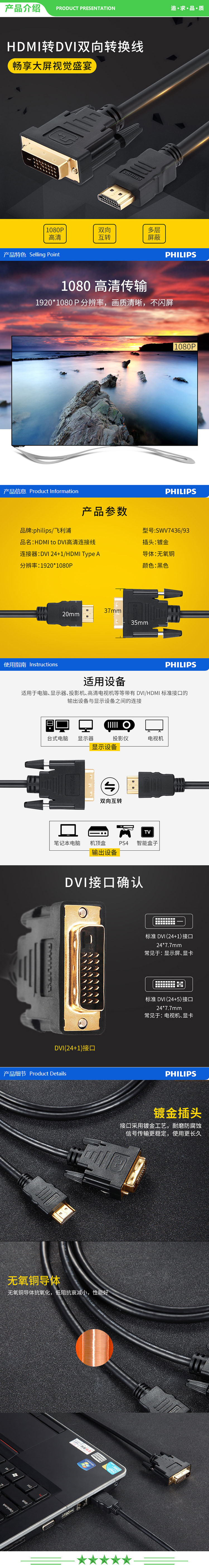 飞利浦 PHILIPS SWV7436X 93 HDMI转DVI线 DVI转HDMI转接头 高清双向互转 连接线1.5米 .jpg