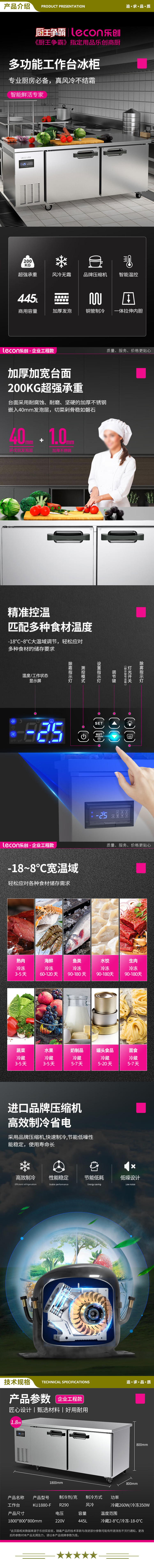 乐创（lecon）KU1880-F 冷藏工作台保鲜操作台冰柜 卧式冰柜厨房高端风冷冰箱1.8x0.8米全冷冻   2.jpg