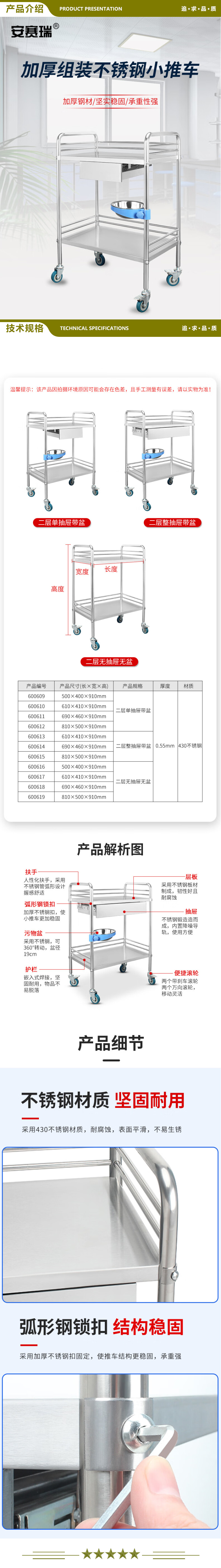 安赛瑞 600619 不锈钢小推车 加厚双层手推车 器械仪器推车护理车 二层无抽屉 2.jpg