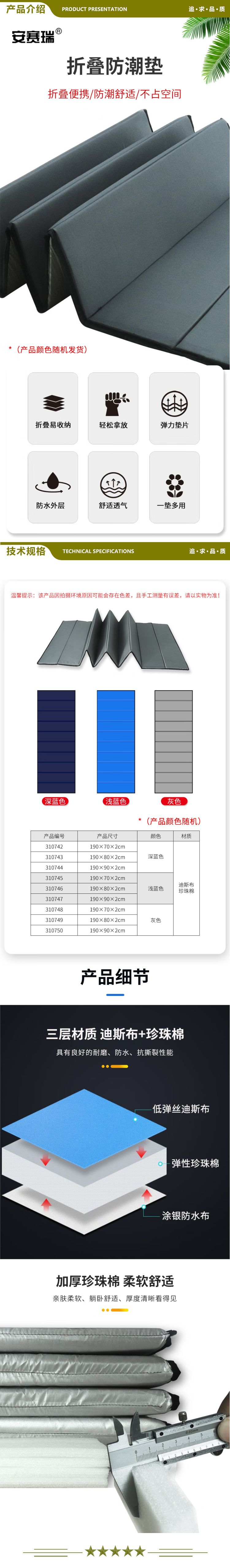 安赛瑞 310742 应急折叠防潮垫 地铺睡垫 车载折叠垫 厚20mm长190cm宽70cm 深蓝色 2.jpg