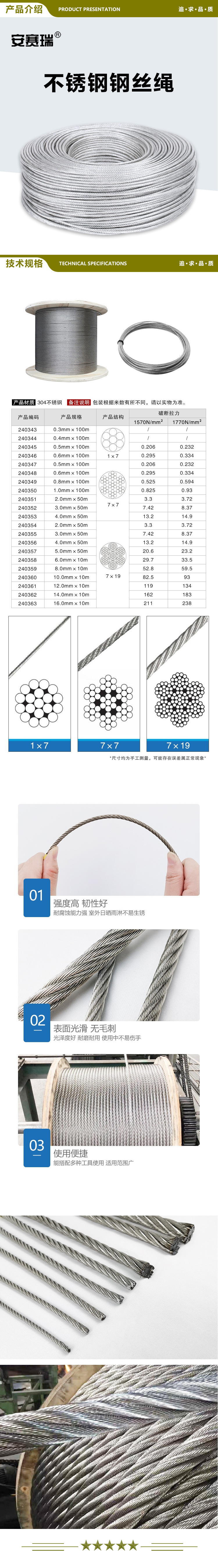安赛瑞 240343 304不锈钢钢丝绳 工业牵引绳吊绳安全牵引钢绞线 起重升降承载钢丝绳 0.3mm×100m（1×7结构） 2.jpg